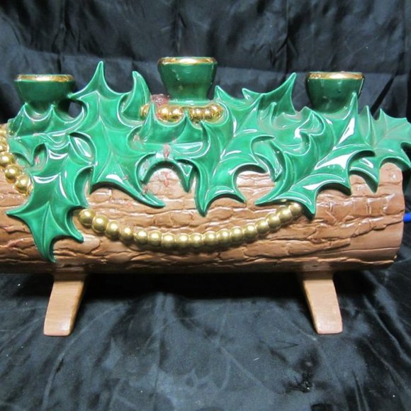 HANDMADE CERAMIC Holiday Vtg 7s Ceramic Yule Log Candle Holder Hand